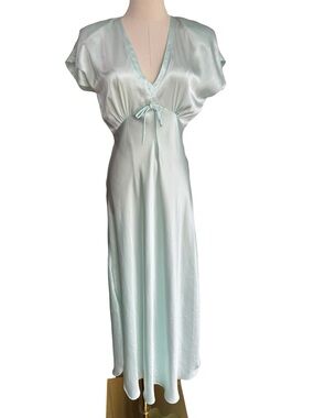 Vintage 80s 90s Mint Green Satin Nightgown Maxi Lounge Dress Glam Lingerie